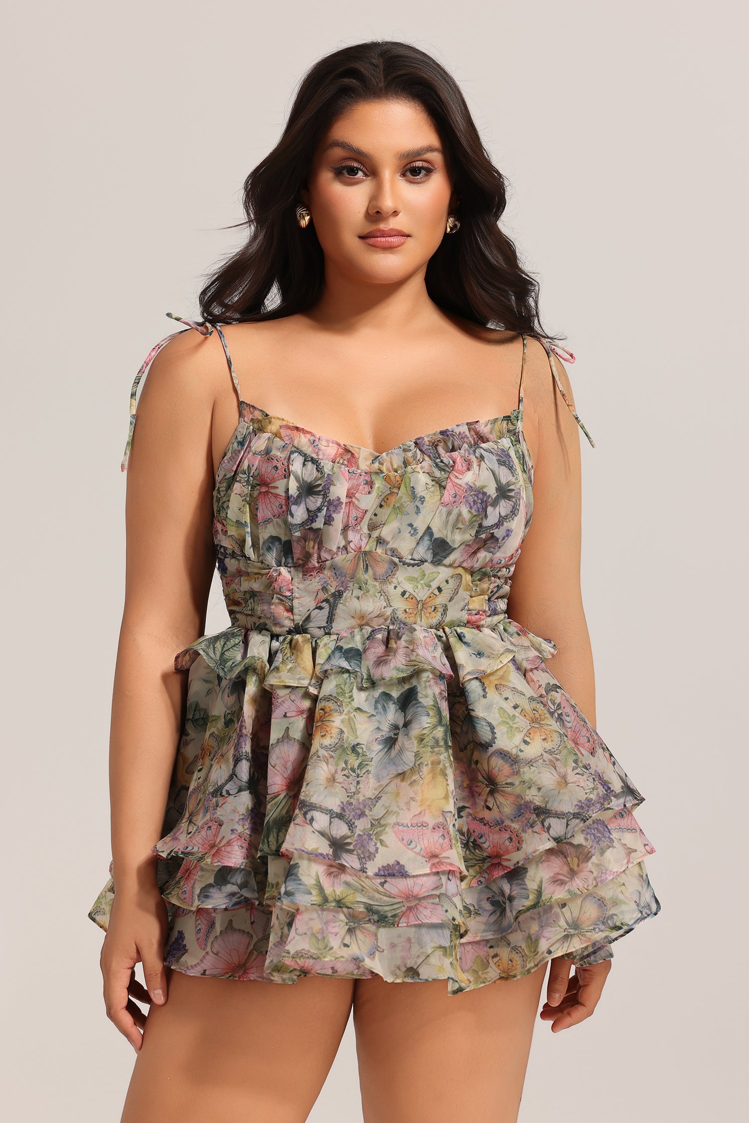 Hester Sleeveless V-Neck Lacing Flounce Mini Dress D250101254-FLORAL