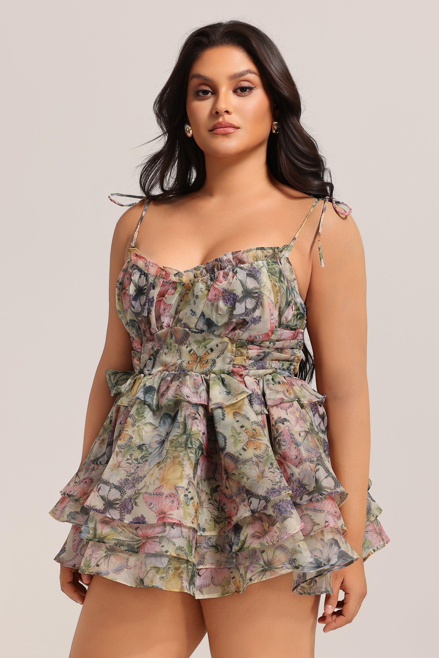 Hester Sleeveless V-Neck Lacing Flounce Mini Dress D250101254-FLORAL