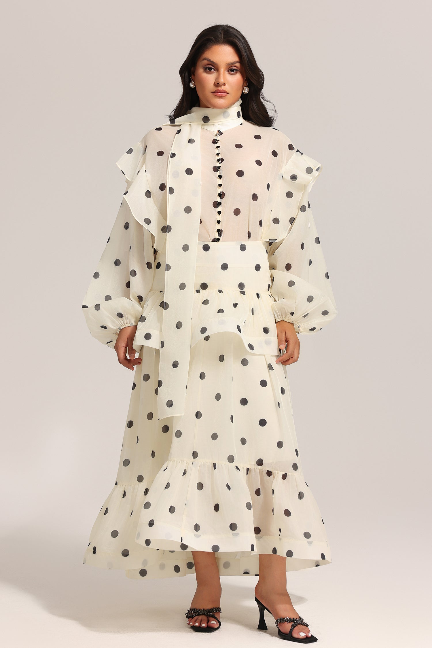 Rode Dot Printed Folds Long Sleeves Top And Skirt Two-Piece Set C250200294