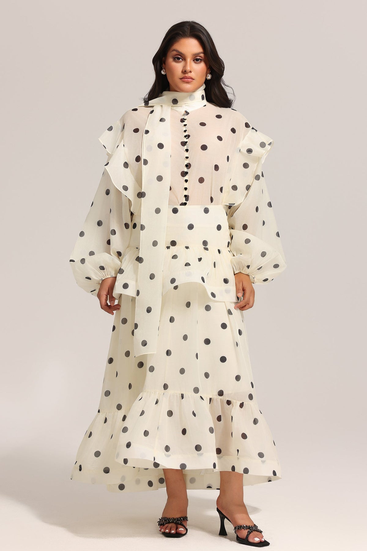 Rode Dot Printed Folds Long Sleeves Top And Skirt Two-Piece Set C250200294