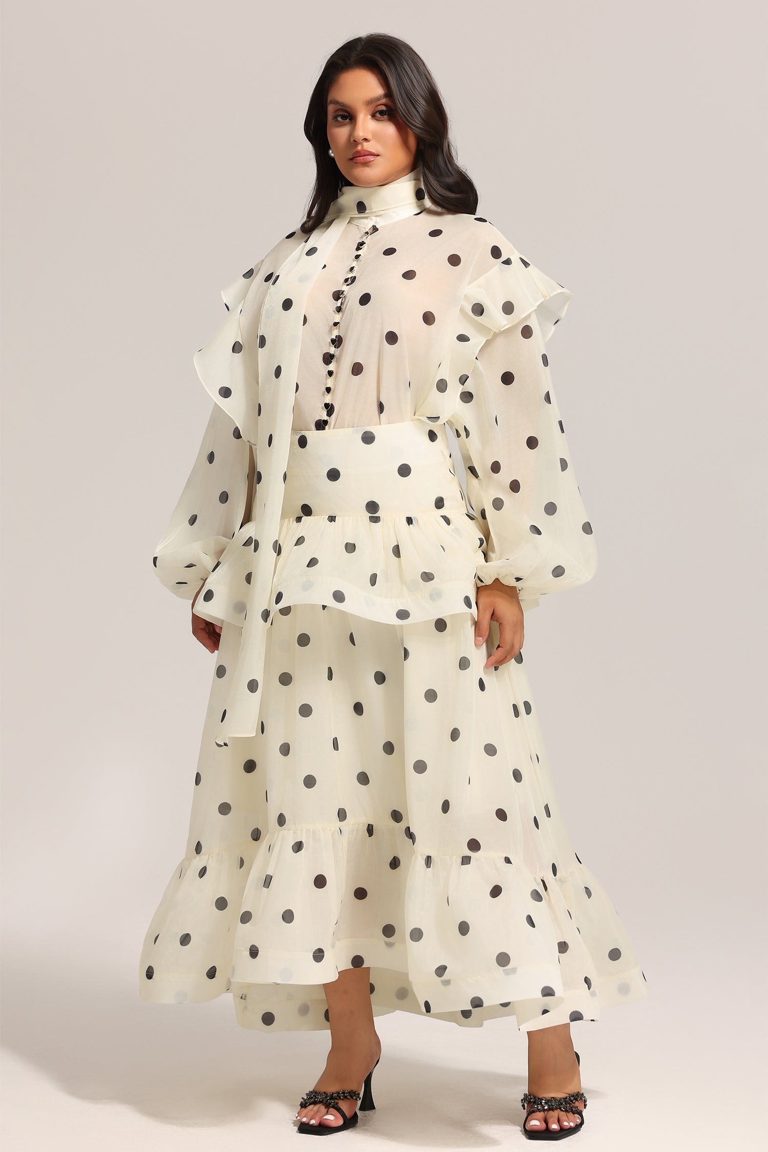 Rode Dot Printed Folds Long Sleeves Top And Skirt Two-Piece Set C250200294