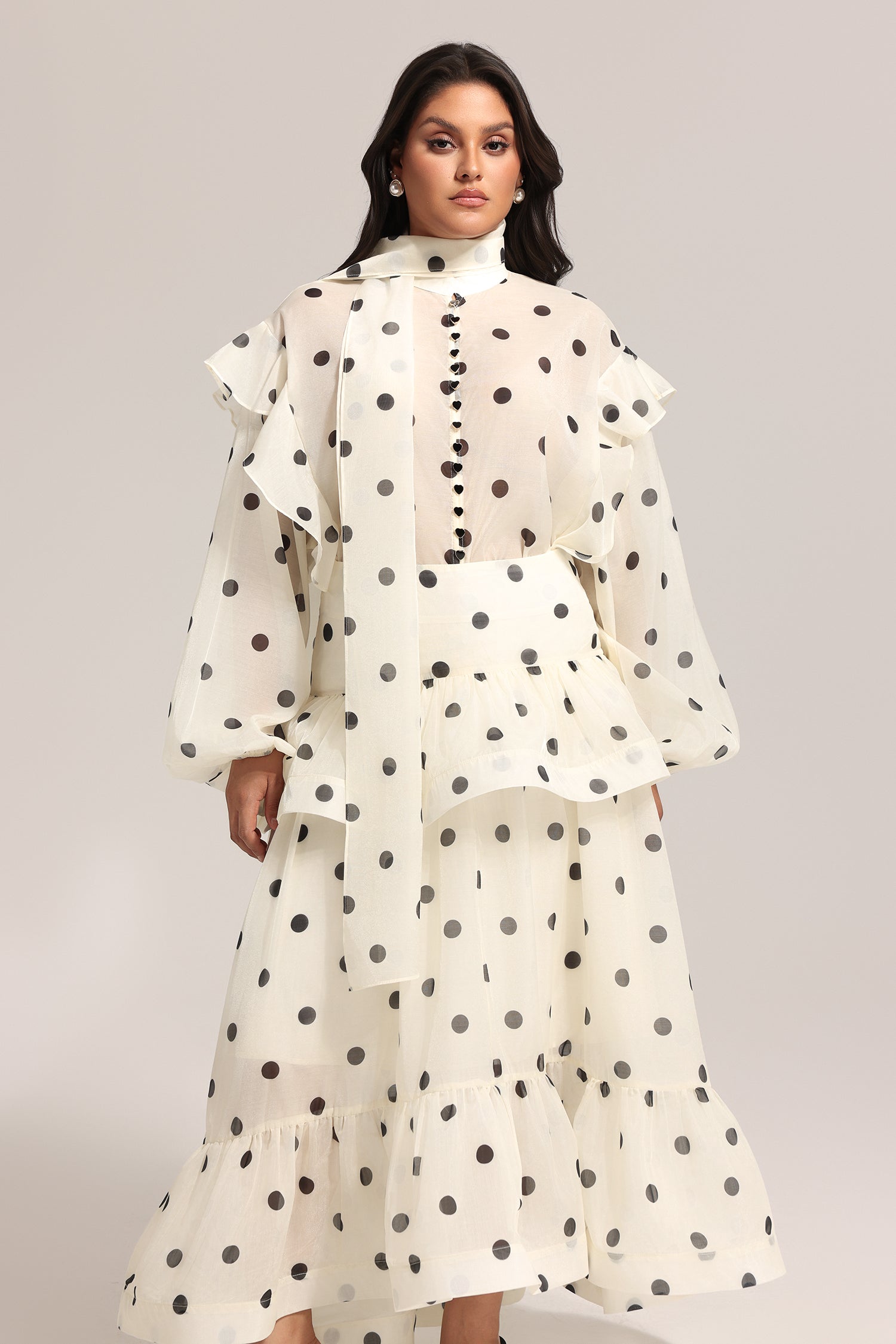 Rode Dot Printed Folds Long Sleeves Top And Skirt Two-Piece Set C250200294