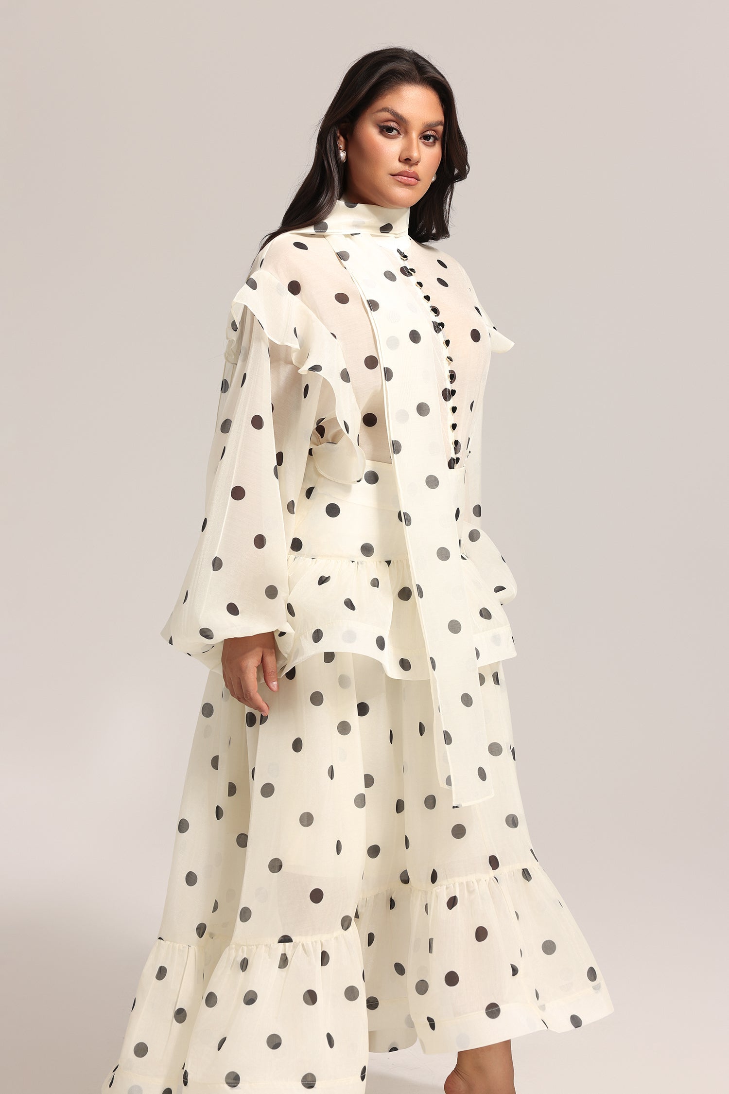 Rode Dot Printed Folds Long Sleeves Top And Skirt Two-Piece Set C250200294