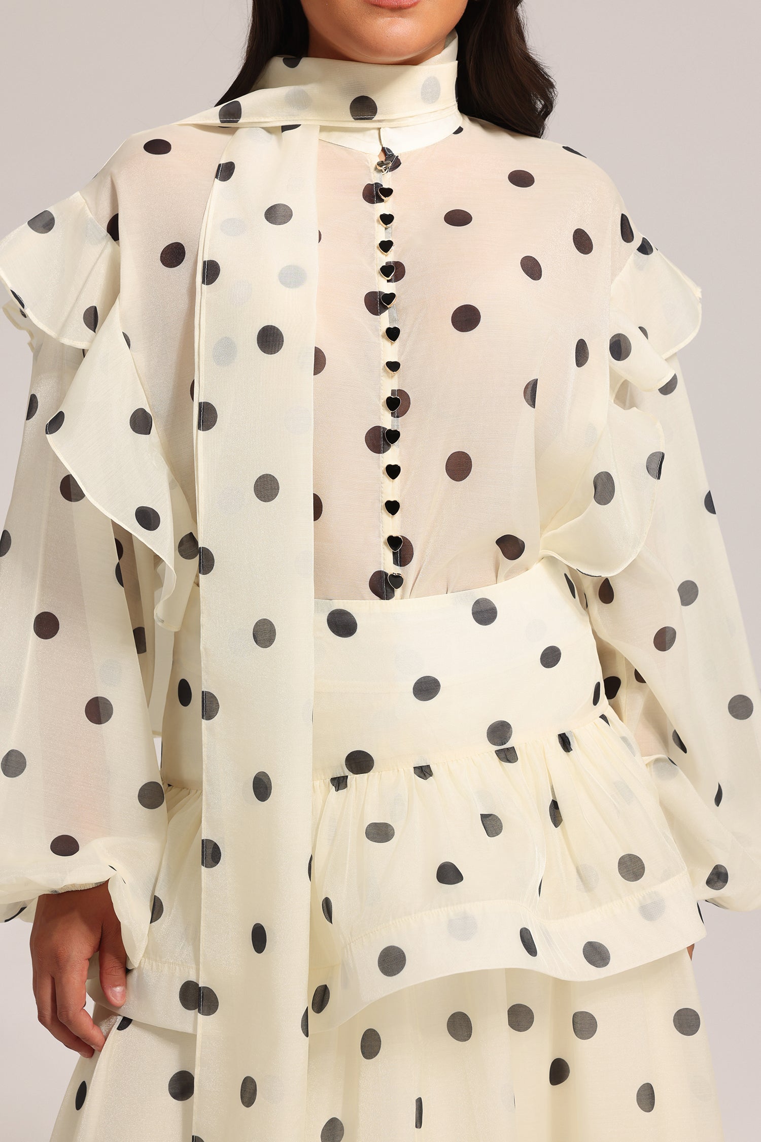Rode Dot Printed Folds Long Sleeves Top And Skirt Two-Piece Set C250200294