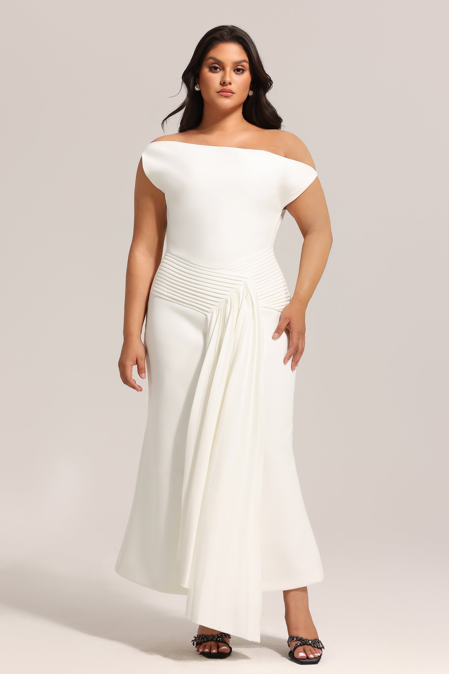 Paulina Oblique Shoulder Sleeveless Folds Midi Dress C250300341