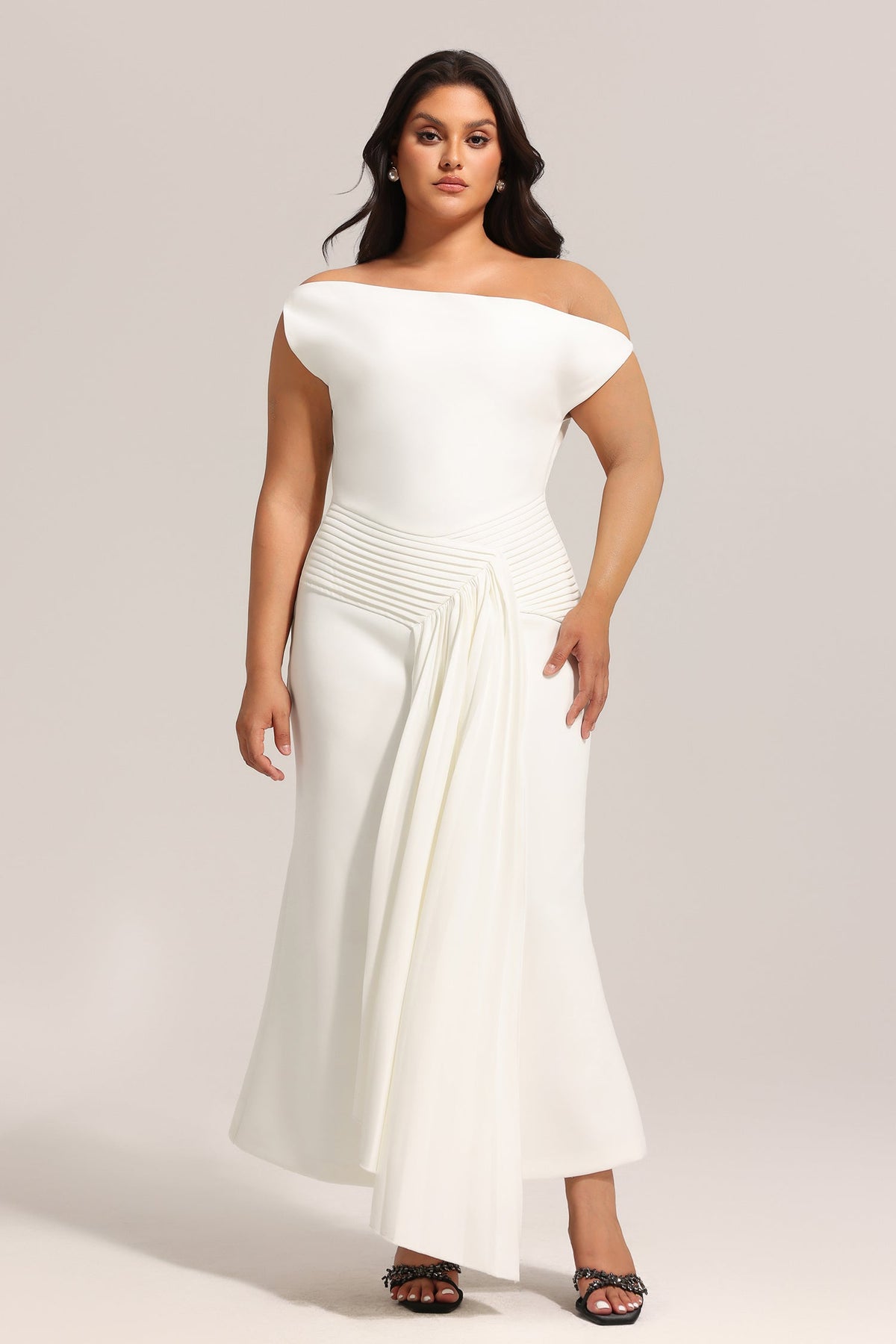 Paulina Oblique Shoulder Sleeveless Folds Midi Dress C250300341