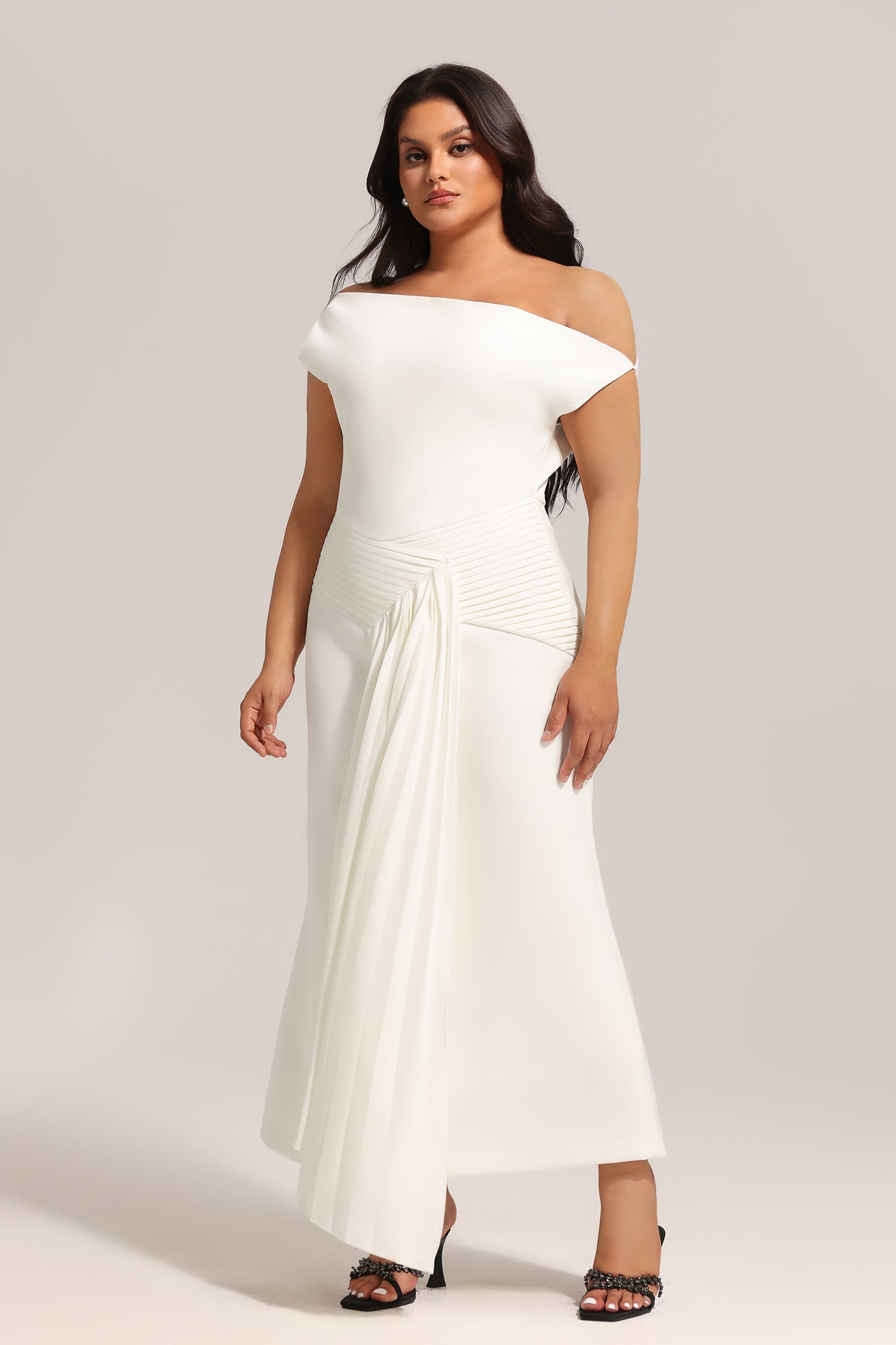 Paulina Oblique Shoulder Sleeveless Folds Midi Dress C250300341