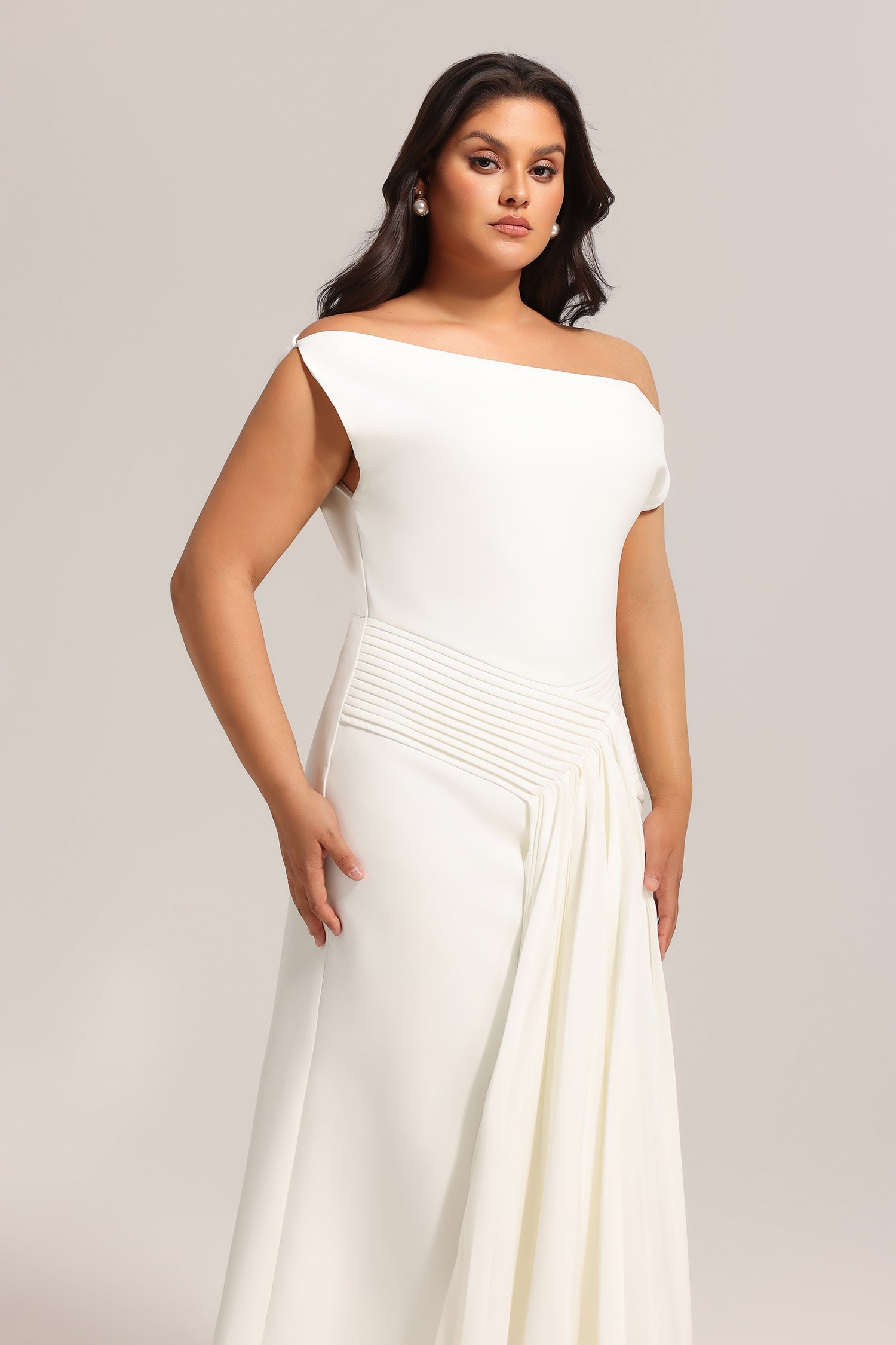 Paulina Oblique Shoulder Sleeveless Folds Midi Dress C250300341