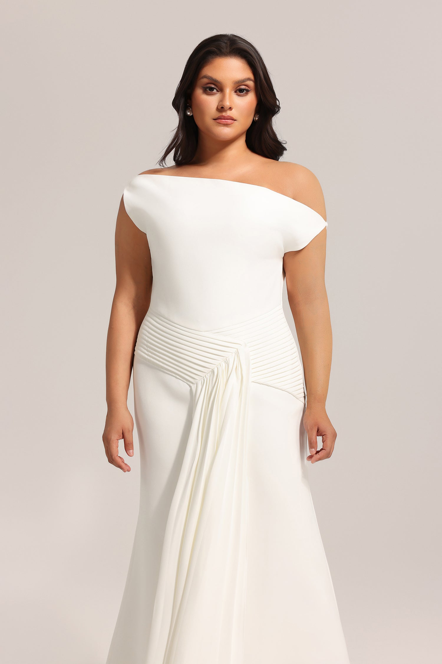 Paulina Oblique Shoulder Sleeveless Folds Midi Dress C250300341