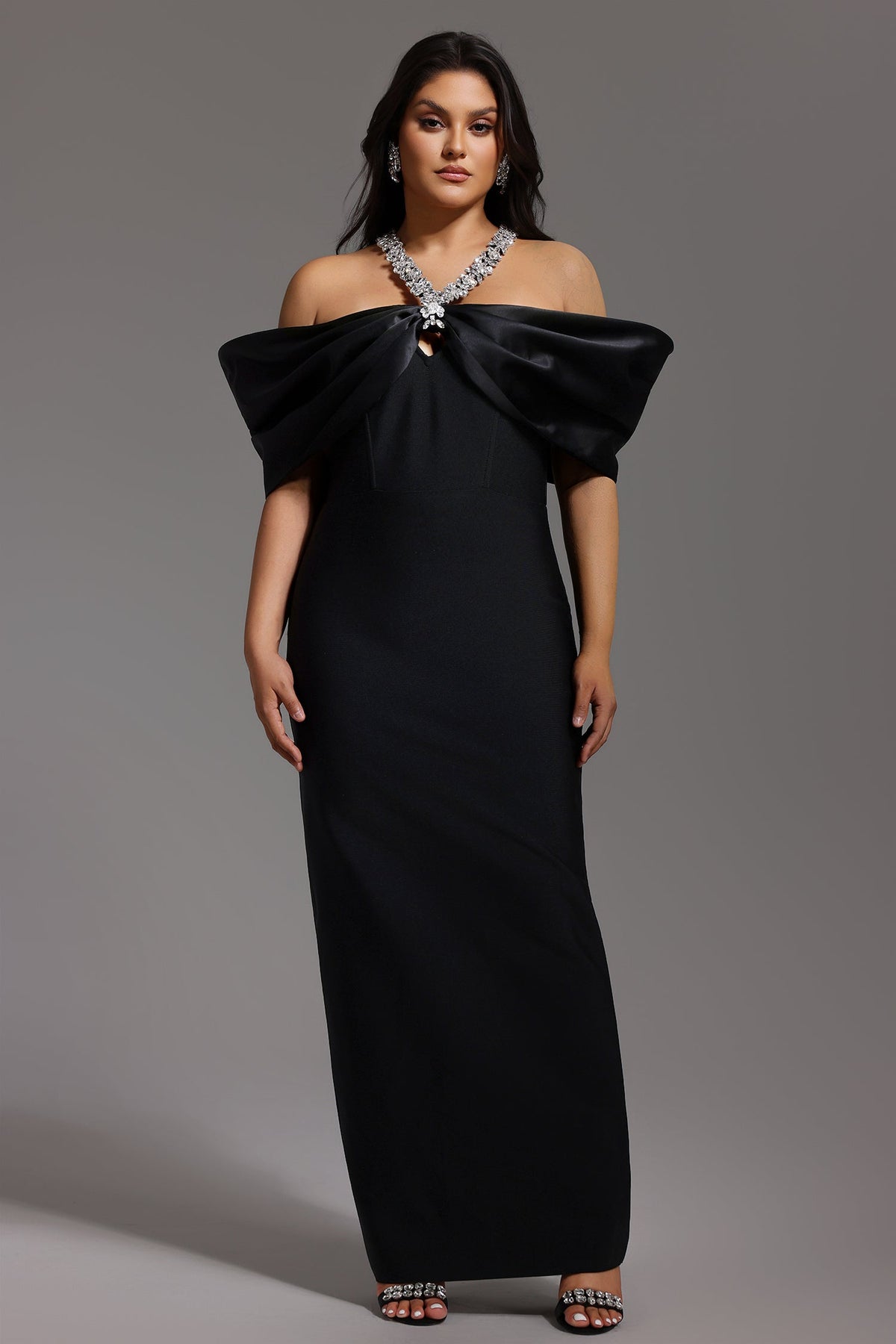 Sloan Halter Diamond Off-The-Shoulder Bandage Maxi Dress D250301626