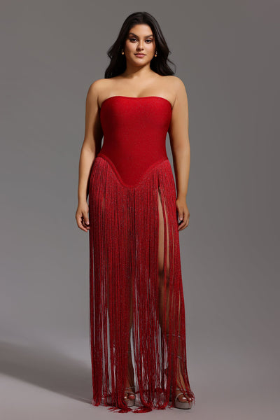 Red - Valentina Strapless Fringe Dress by Bella Barnett