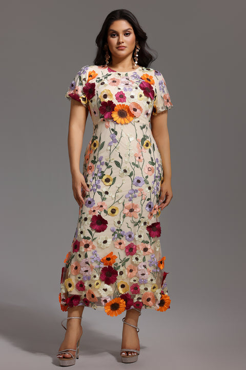Naya Short Sleeve Round Neck Flowers Fishtail Midi Dress by Bella Barnett