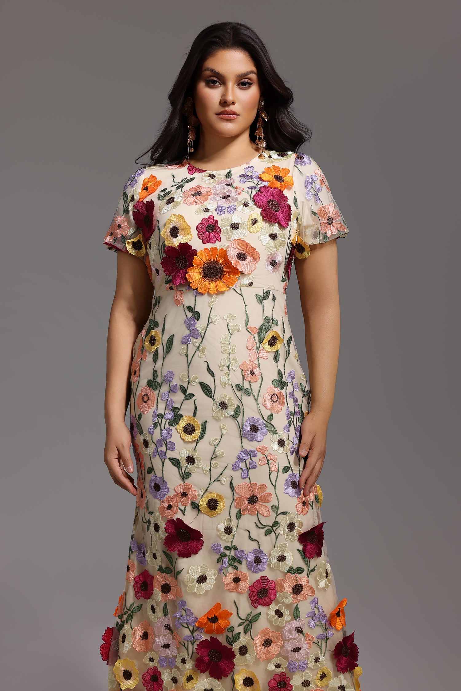 Naya Short Sleeve Round Neck Flowers Fishtail Midi Dress D250201657