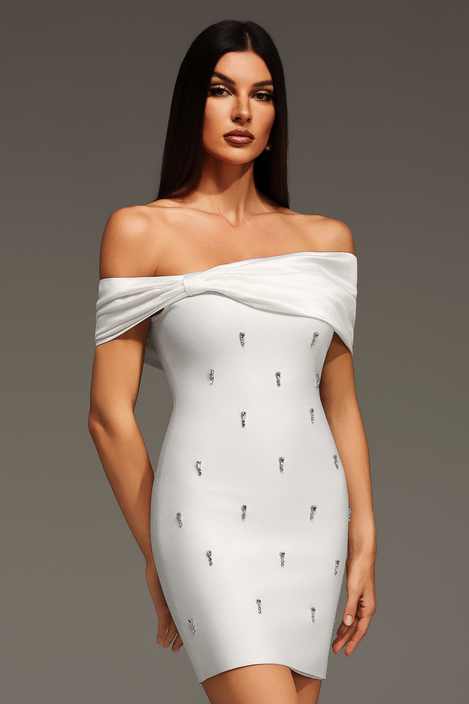 Verney Off The Shoulder Bow Diamond Bandage Mini Dress D2507050201