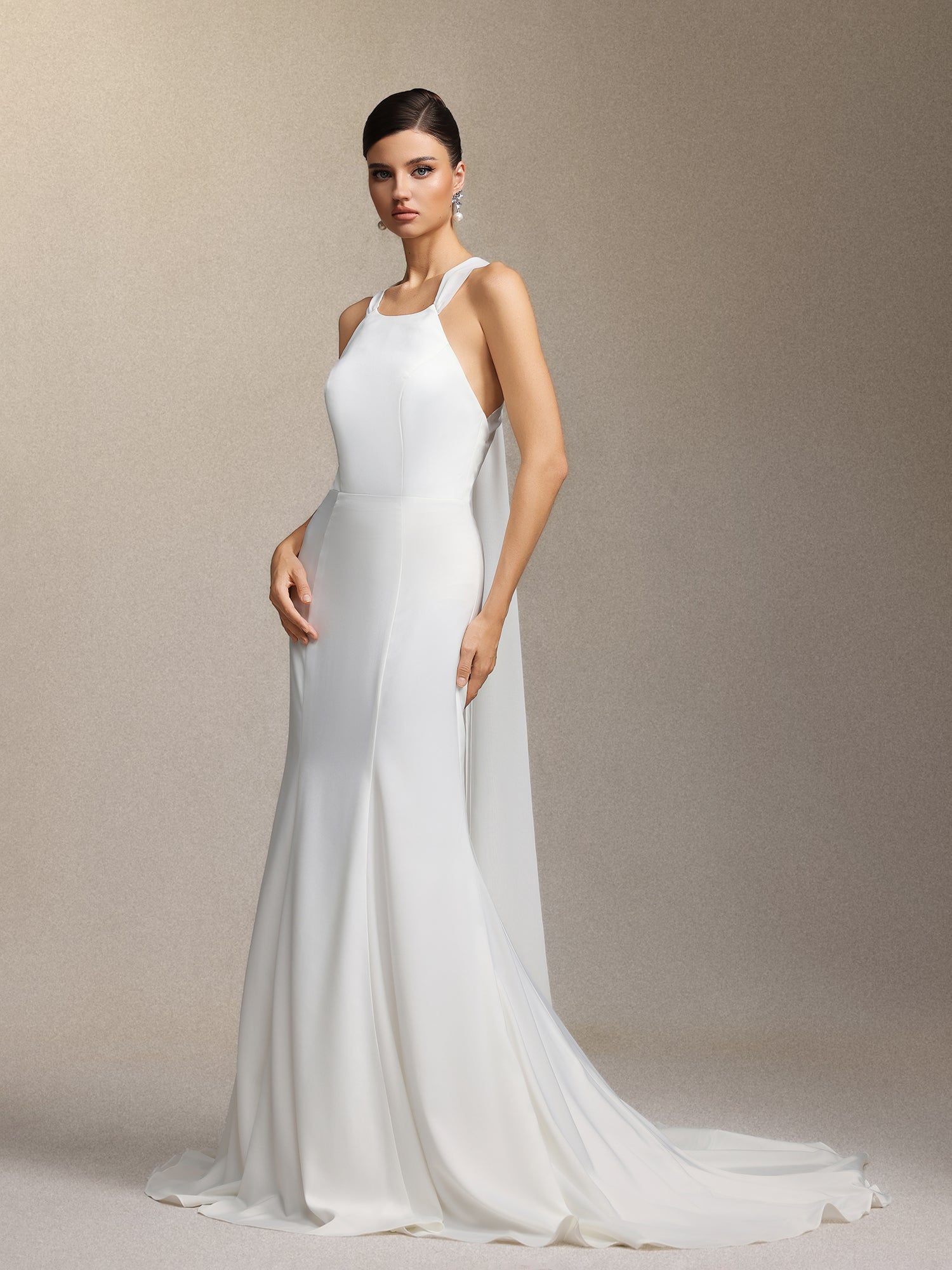 Lilac Deep V-neck Lace Tulle Maxi Wedding Dress W250706326-White