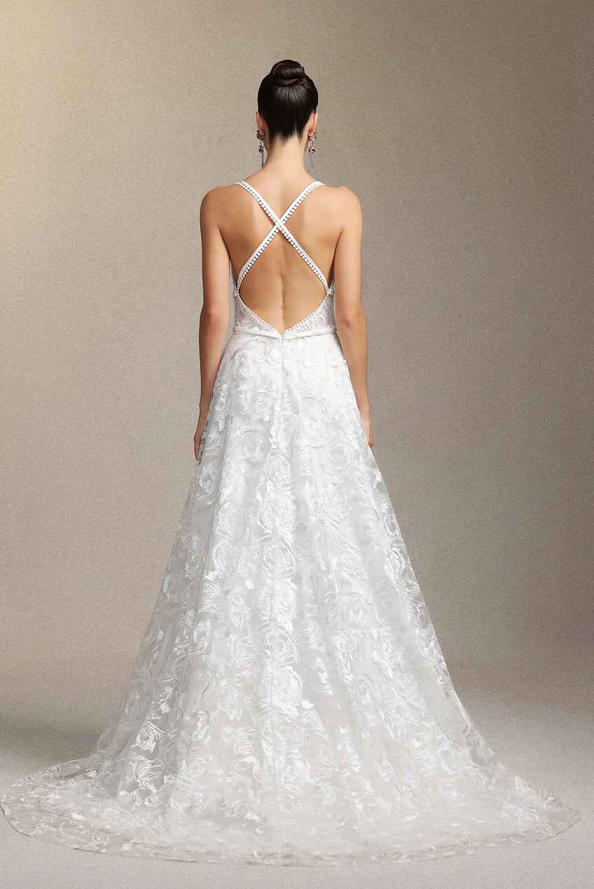 Ralaya Deep V-neck Lace Halter Maxi Wedding Dress W250706322