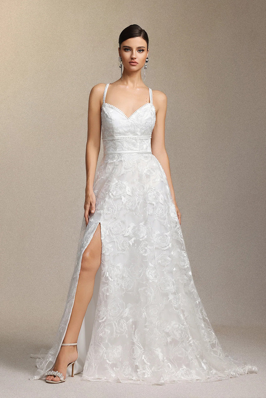 Ralaya Deep V-neck Lace Halter Maxi Wedding Dress W250706322