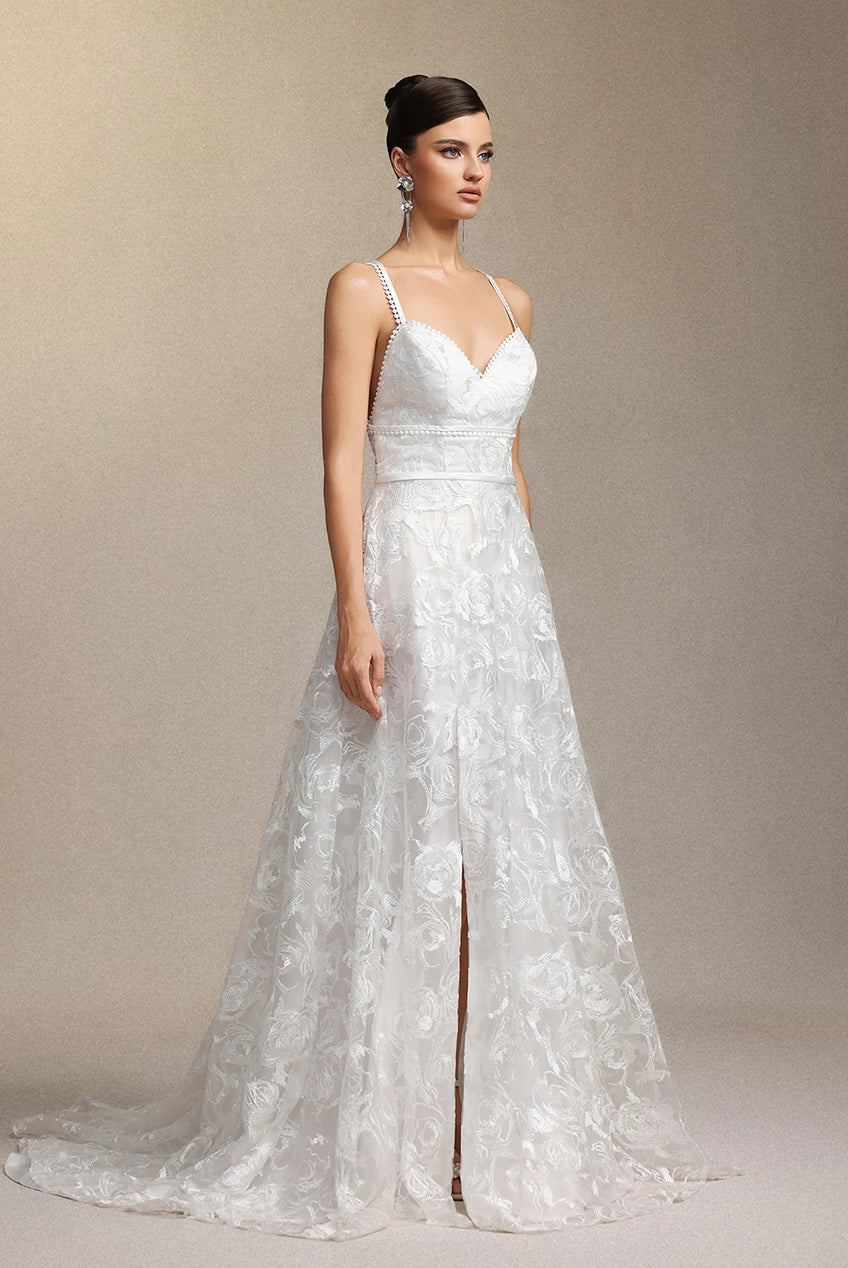 Ralaya Deep V-neck Lace Halter Maxi Wedding Dress W250706322