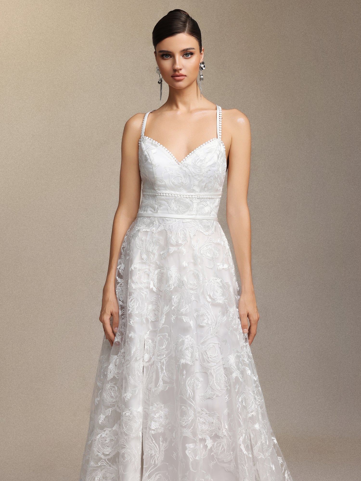 Ralaya Deep V-neck Lace Halter Maxi Wedding Dress W250706322