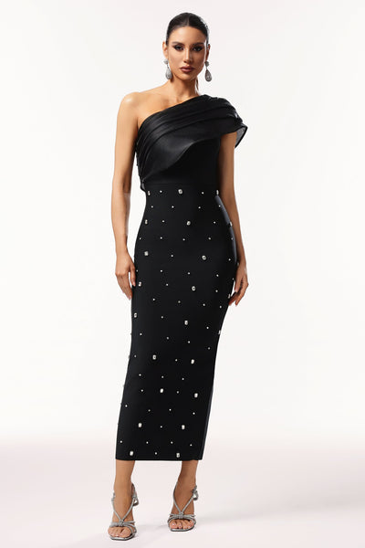 Black - Ninon One Shoulder Sleeveless Diamond Bandage Maxi Dress by Bella Barnett