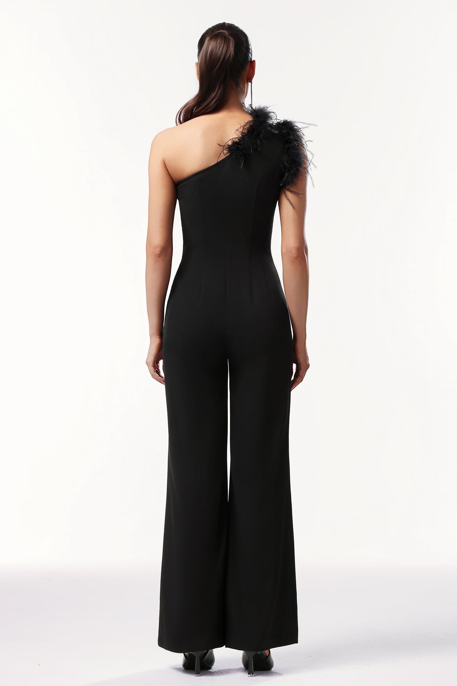 Ueza One Shoulder Sleeveless Feather Maxi Jumpsuit D241203108