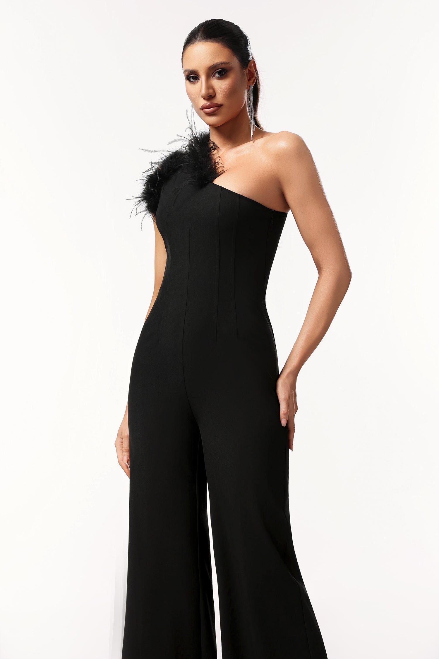 Ueza One Shoulder Sleeveless Feather Maxi Jumpsuit D241203108