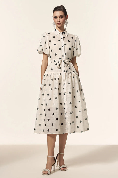Kiera Lapel Dot Printed Puff Sleeves Midi Dress by Bella Barnett
