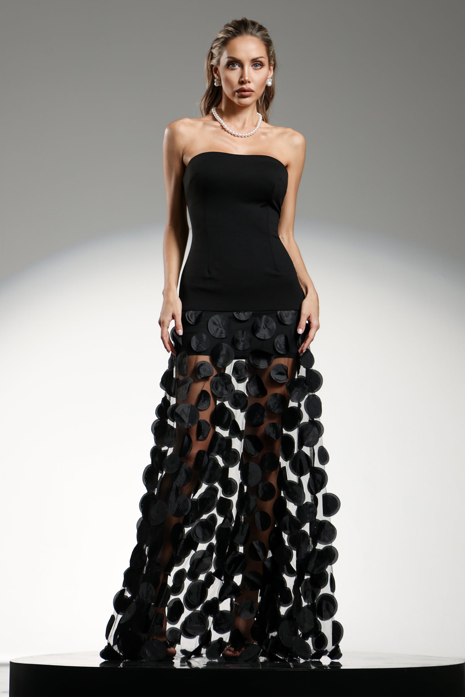 Falzer Sleeveless Netting Wafer Maxi Dress D250301510