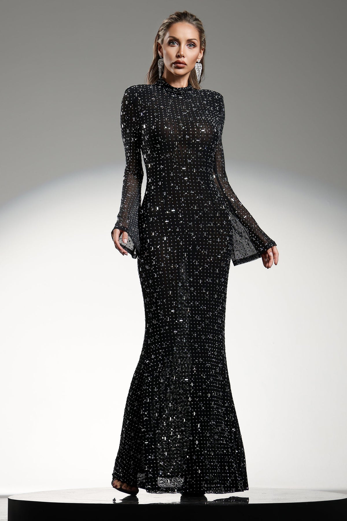 Gilian Long Sleeves High Neck Diamond Maxi Dress D241201509