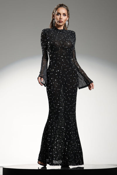Black - Gilian Long Sleeves High Neck Diamond Maxi Dress by Bella Barnett