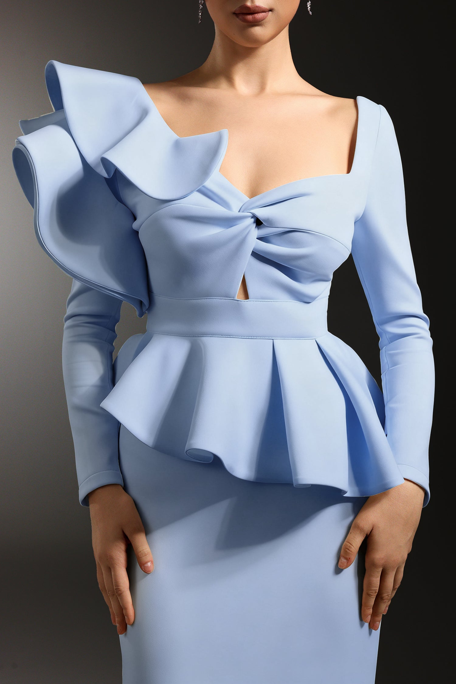 Faray Ruffled Long Sleeves Blue Maxi Dress | Goddiva