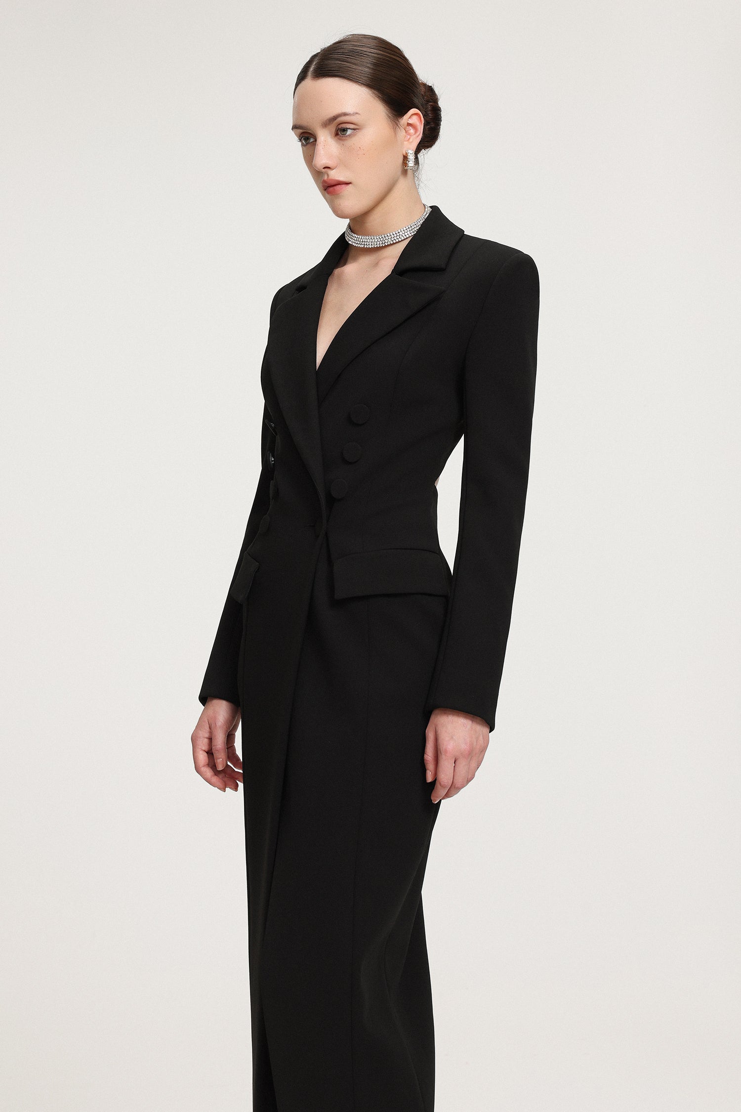 Double-Breasted Asymmetric Hem Crepe Maxi Coat R2509DT052