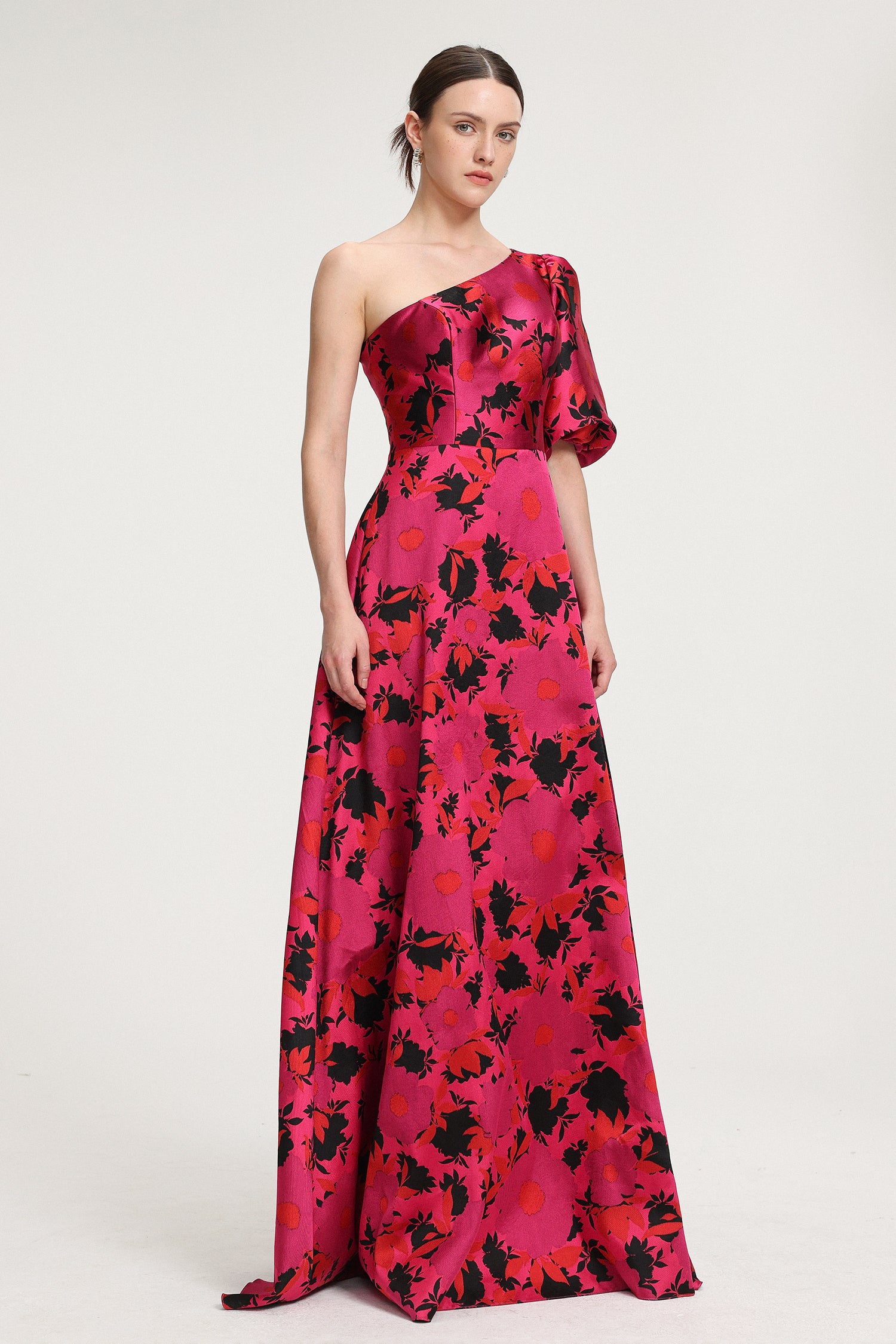 Floral Printed One Shoulder Satin Maxi Dress R2509TJ069
