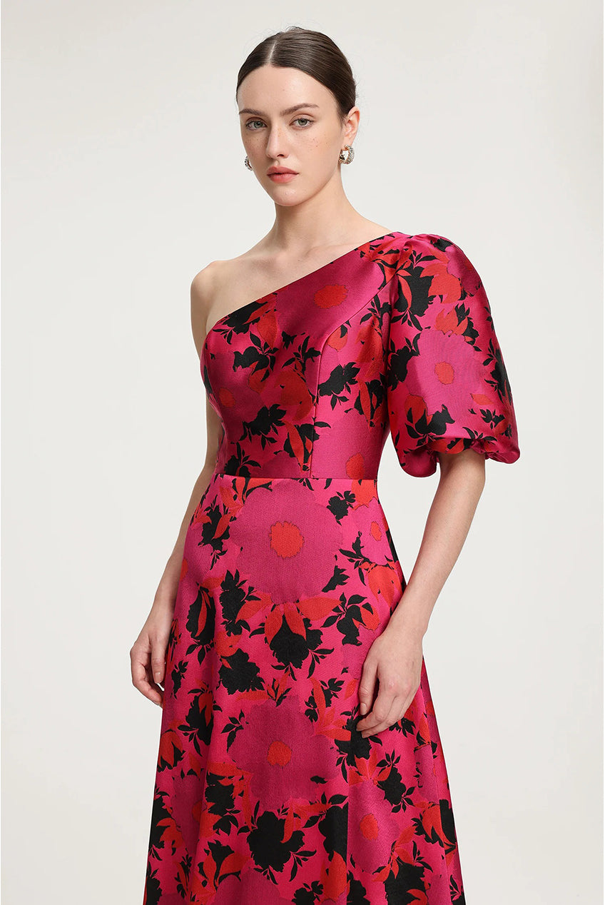 Floral Printed One Shoulder Satin Maxi Dress R2509TJ069