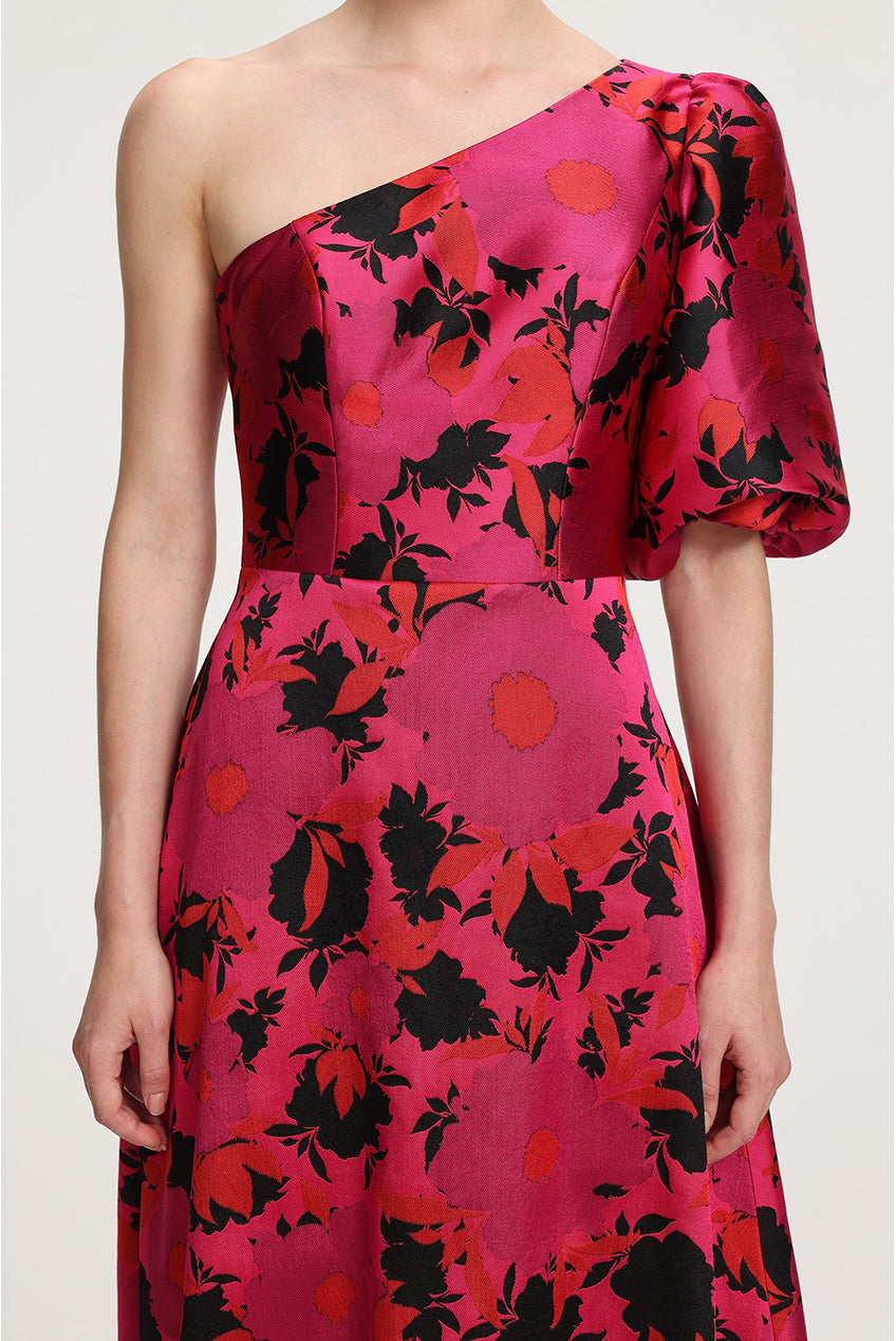 Floral Printed One Shoulder Satin Maxi Dress R2509TJ069