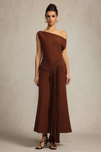 Paulina Oblique Shoulder Sleeveless Folds Brown Midi Dress by Bella Barnett