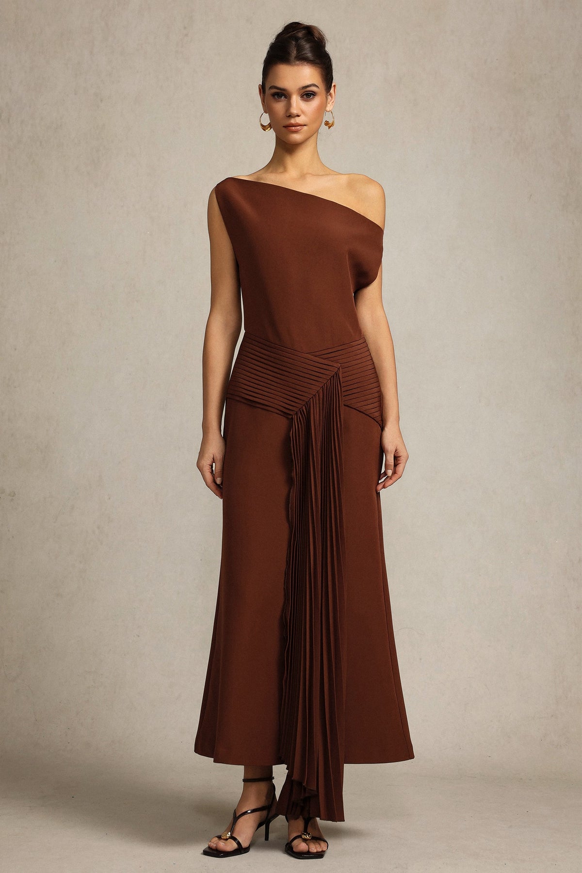 Paulina Oblique Shoulder Sleeveless Folds Brown Midi Dress C250300341