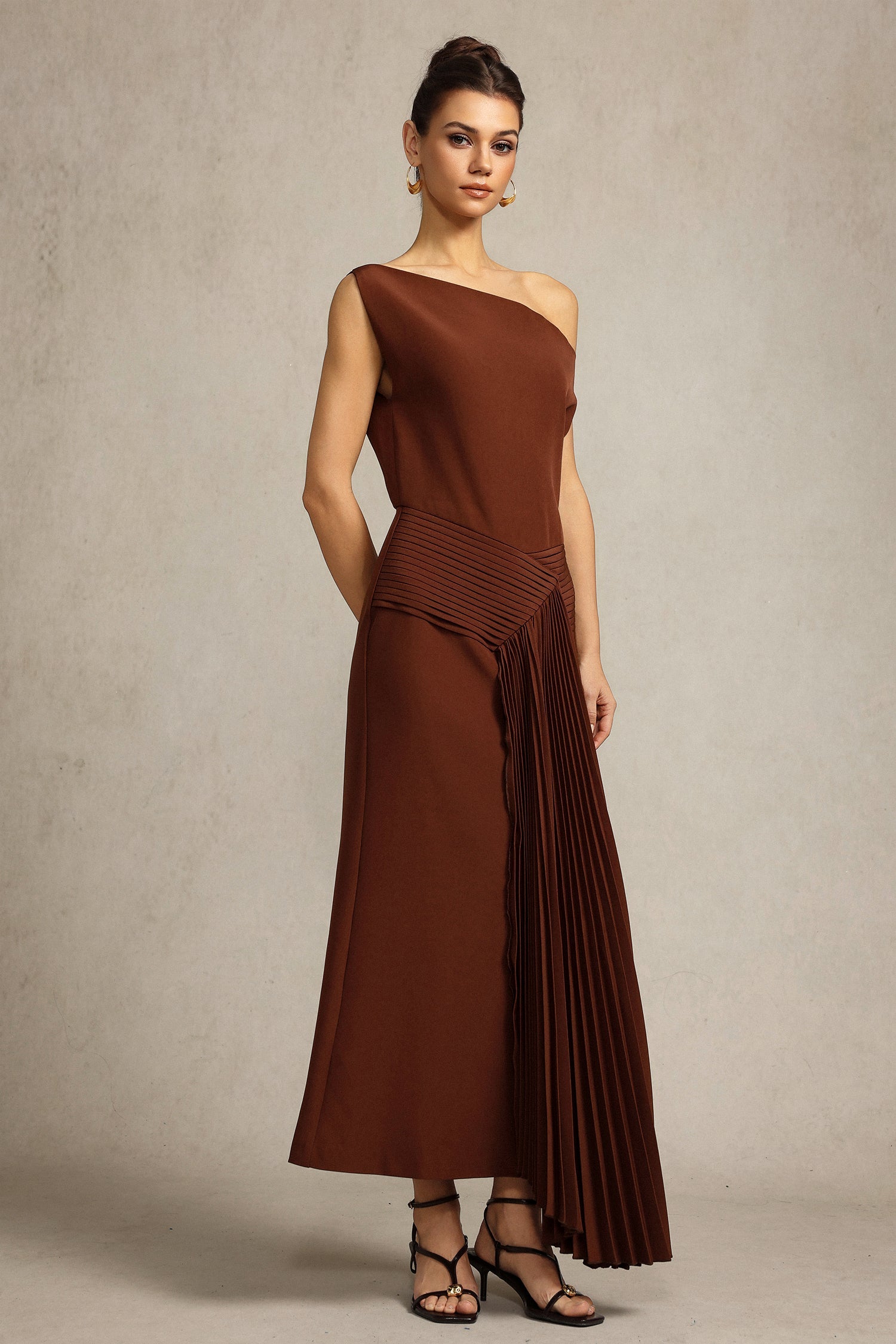Paulina Oblique Shoulder Sleeveless Folds Brown Midi Dress C250300341