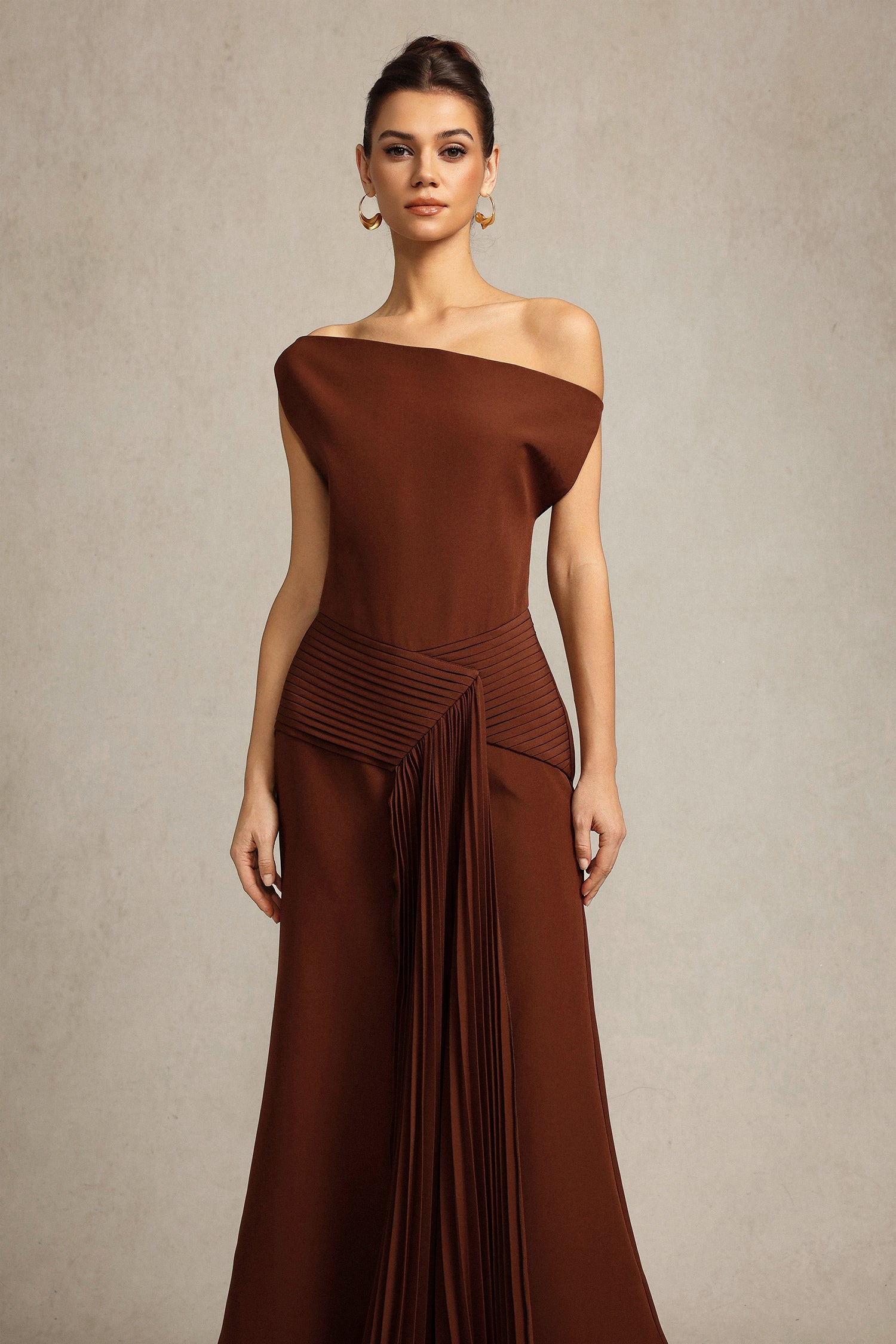 Paulina Oblique Shoulder Sleeveless Folds Brown Midi Dress C250300341