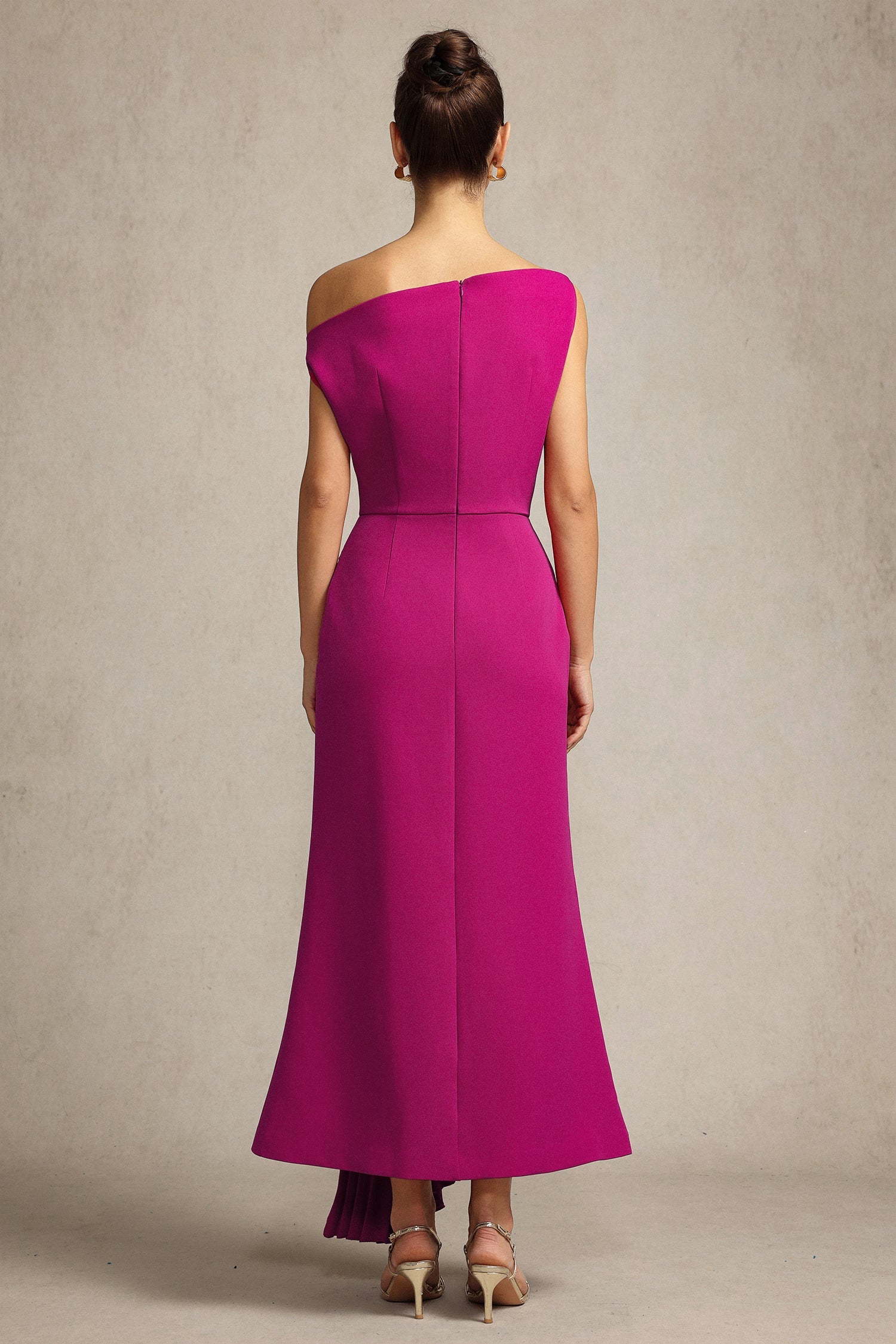 Paulina Oblique Shoulder Sleeveless Folds RosePink Midi Dress C250300341