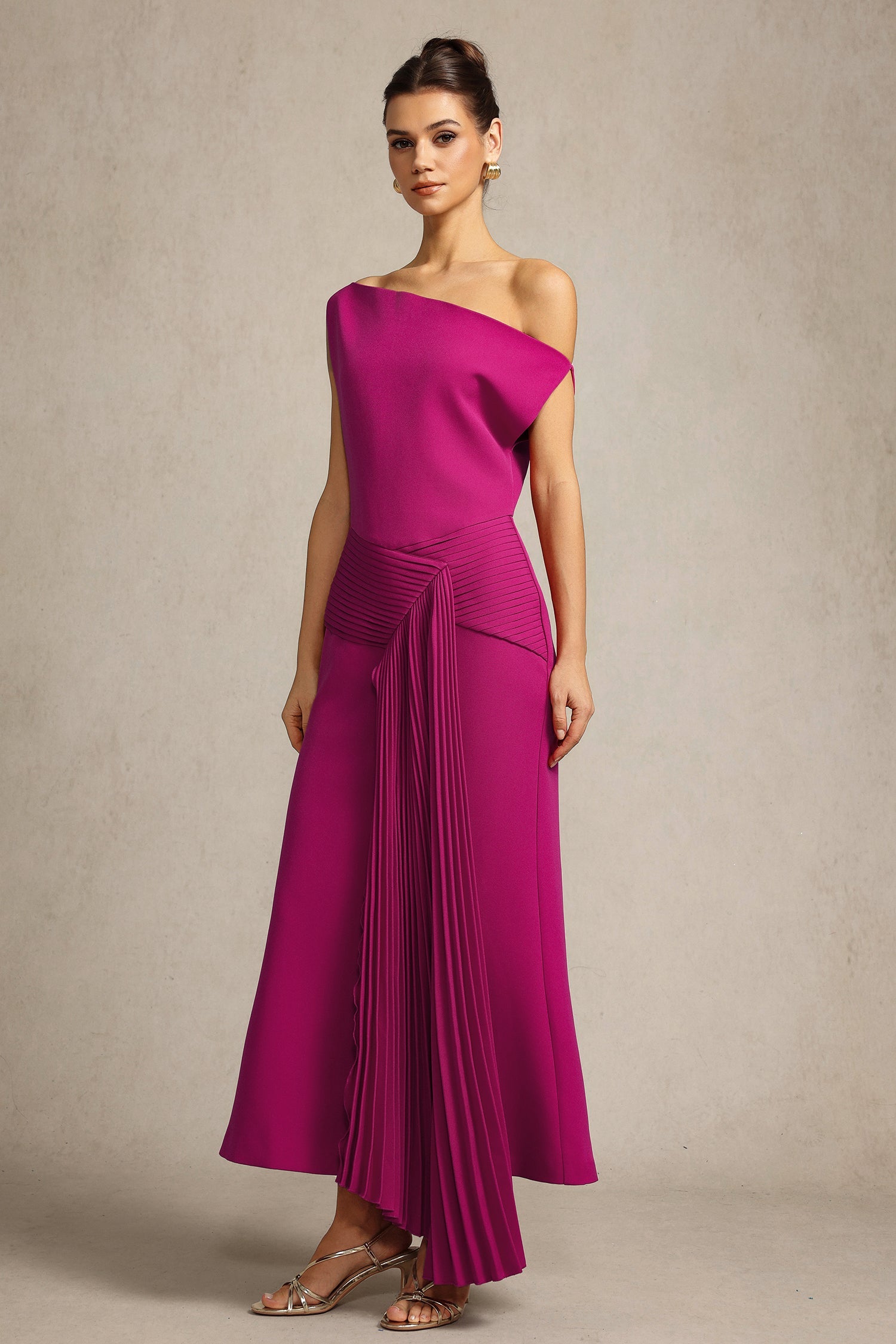 Paulina Oblique Shoulder Sleeveless Folds RosePink Midi Dress C250300341