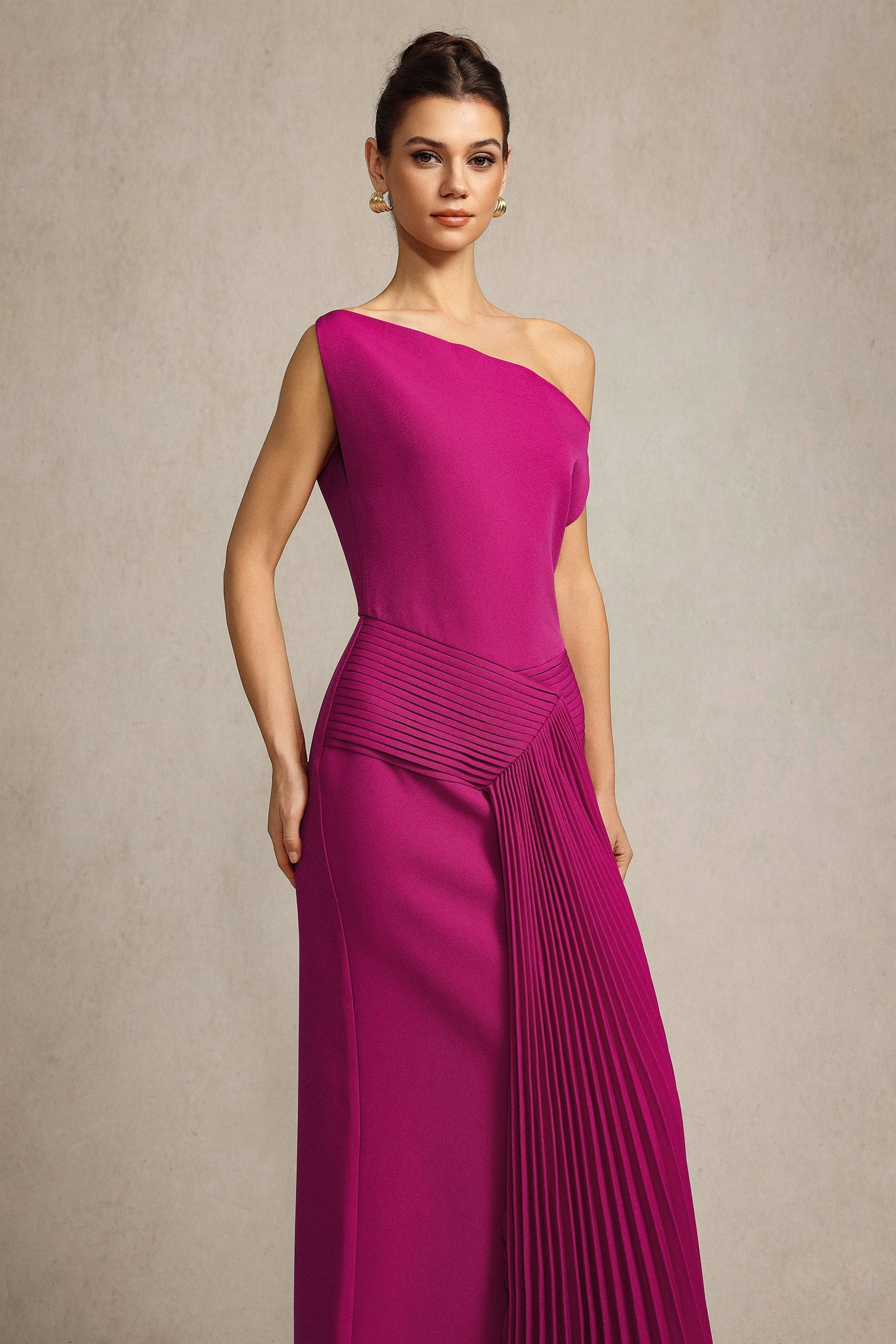 Paulina Oblique Shoulder Sleeveless Folds RosePink Midi Dress C250300341