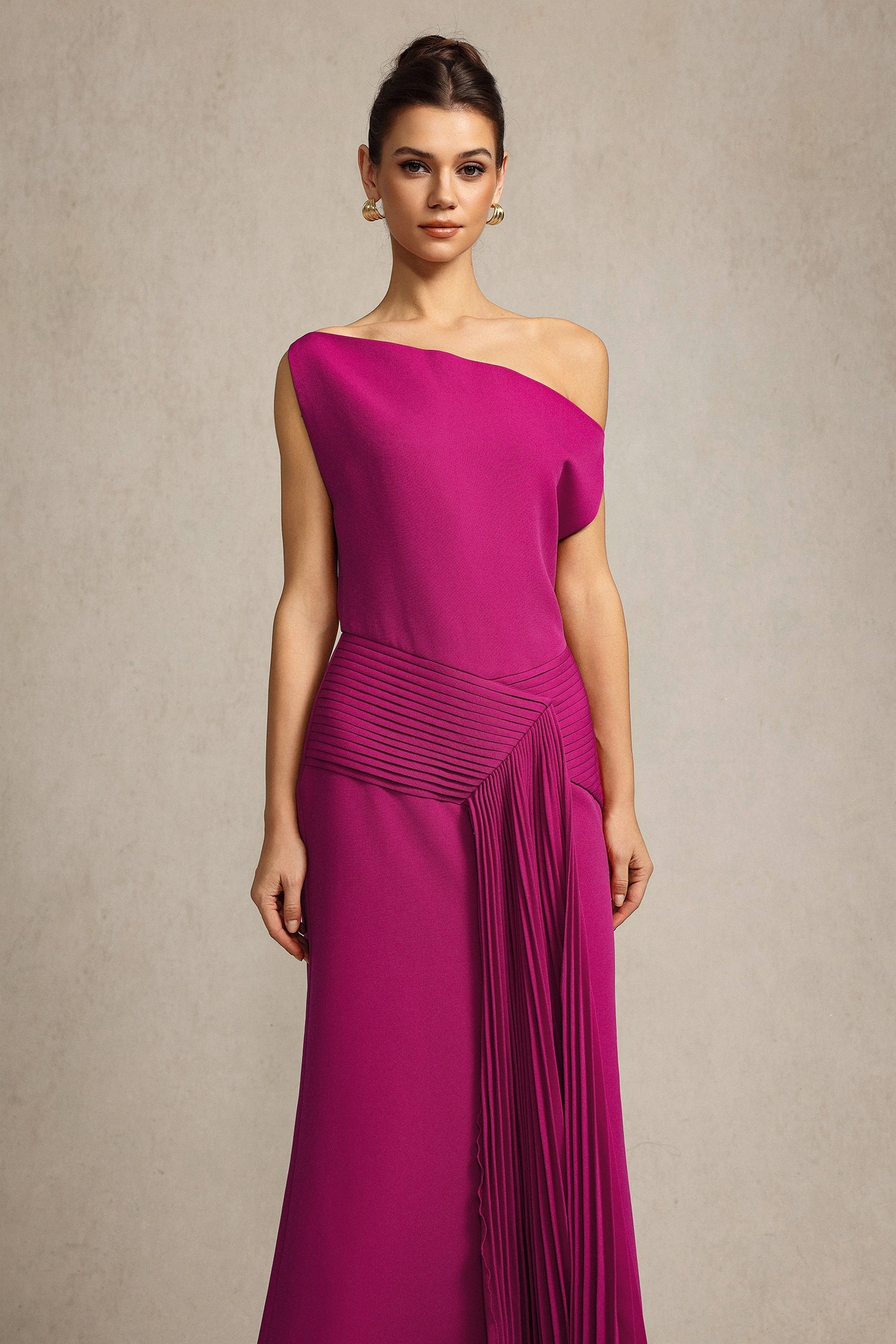 Paulina Oblique Shoulder Sleeveless Folds RosePink Midi Dress C250300341