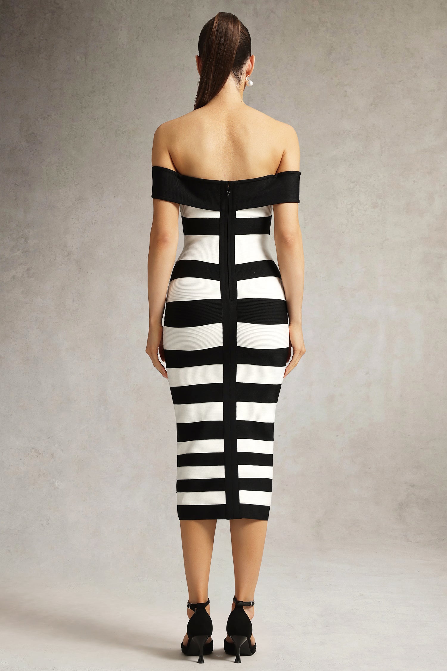 Korasa Off Shoulder Symmetrical Stripe Bandage Midi Dress D250903101