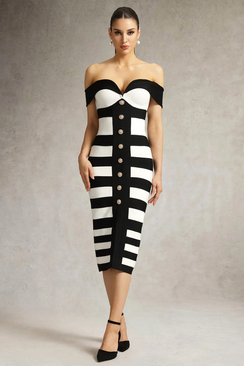 Korasa Off Shoulder Symmetrical Stripe Bandage Midi Dress by Bella Barnett