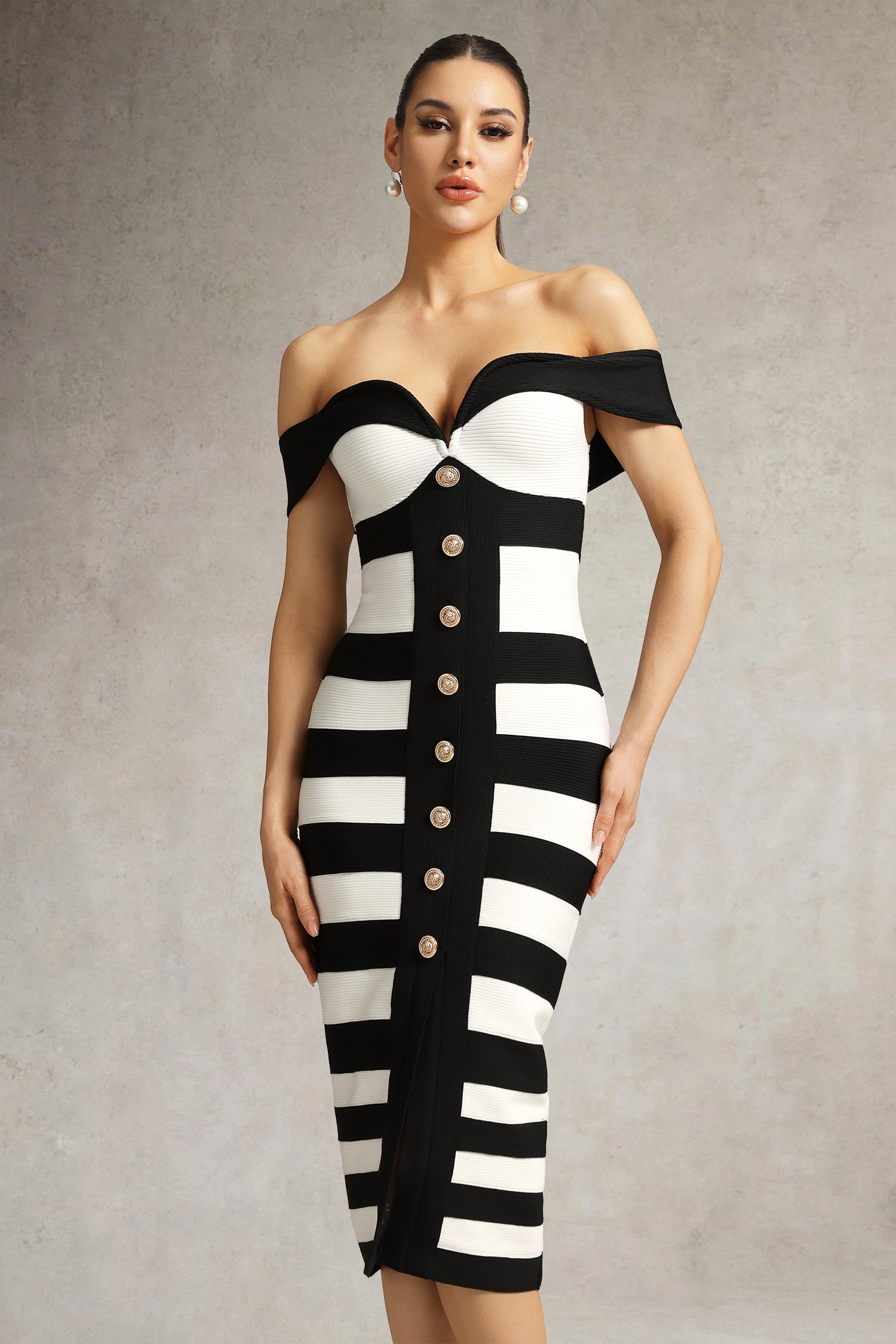 Korasa Off Shoulder Symmetrical Stripe Bandage Midi Dress D250903101