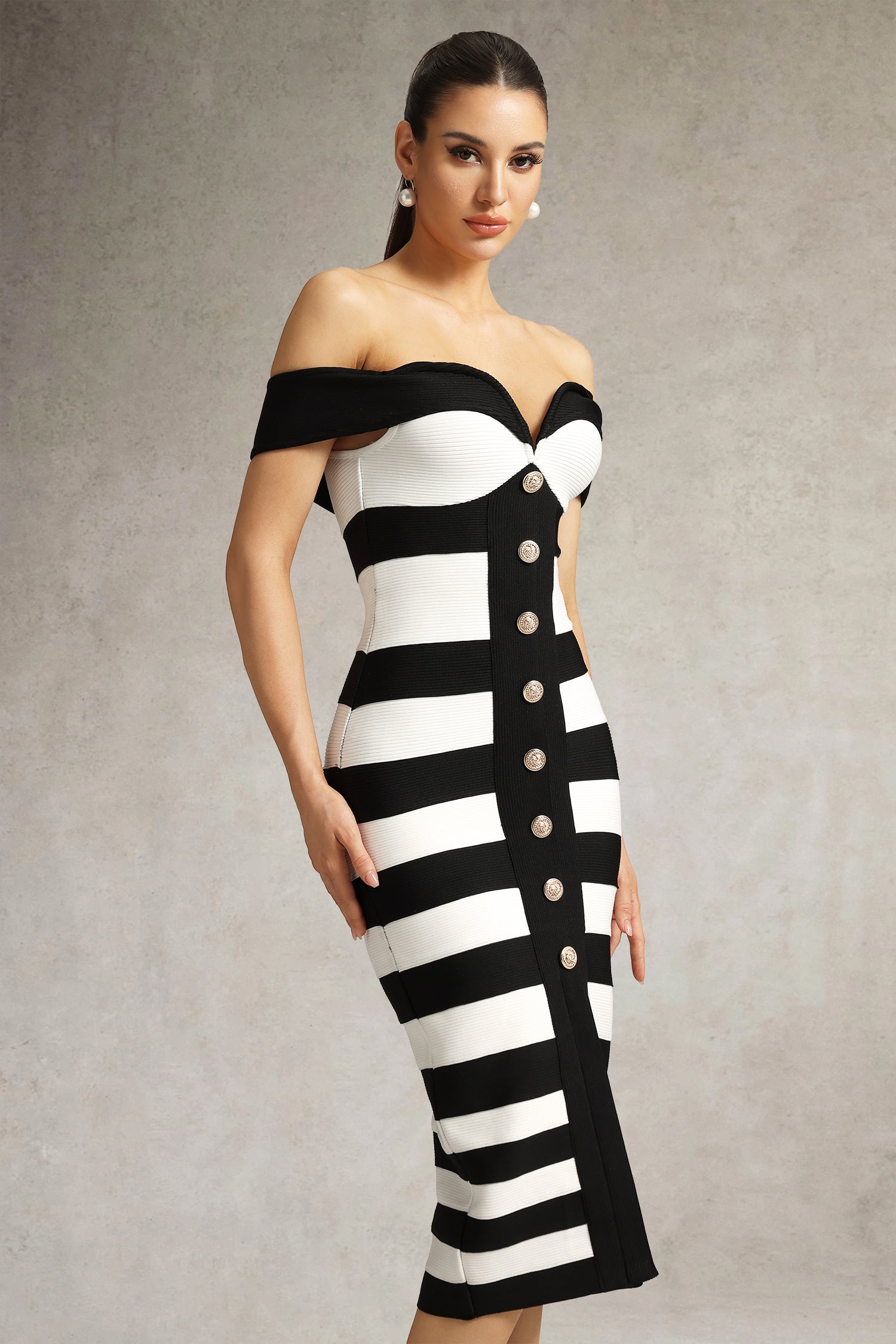 Korasa Off Shoulder Symmetrical Stripe Bandage Midi Dress D250903101