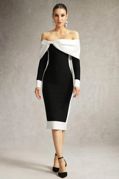 Oria Off Shoulder Bow Bandage Midi Dress by Bella Barnett