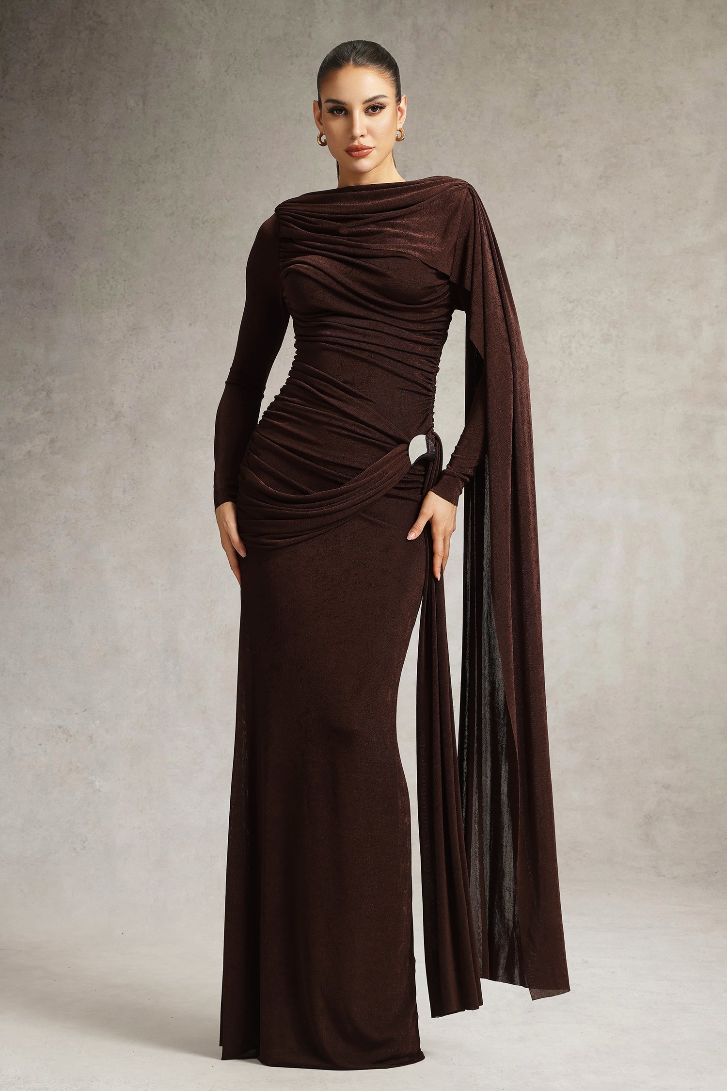 Tihila Long Sleeve Ruched Brown Maxi Dress D250901545