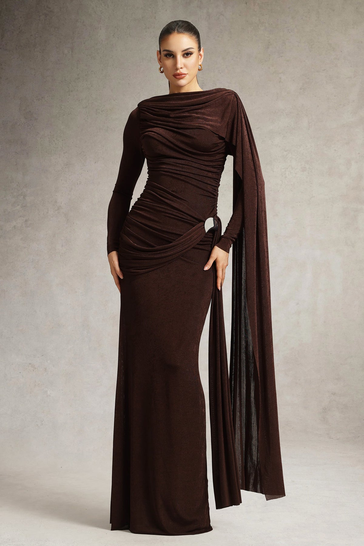 Tihila Long Sleeve Ruched Brown Maxi Dress D250901545